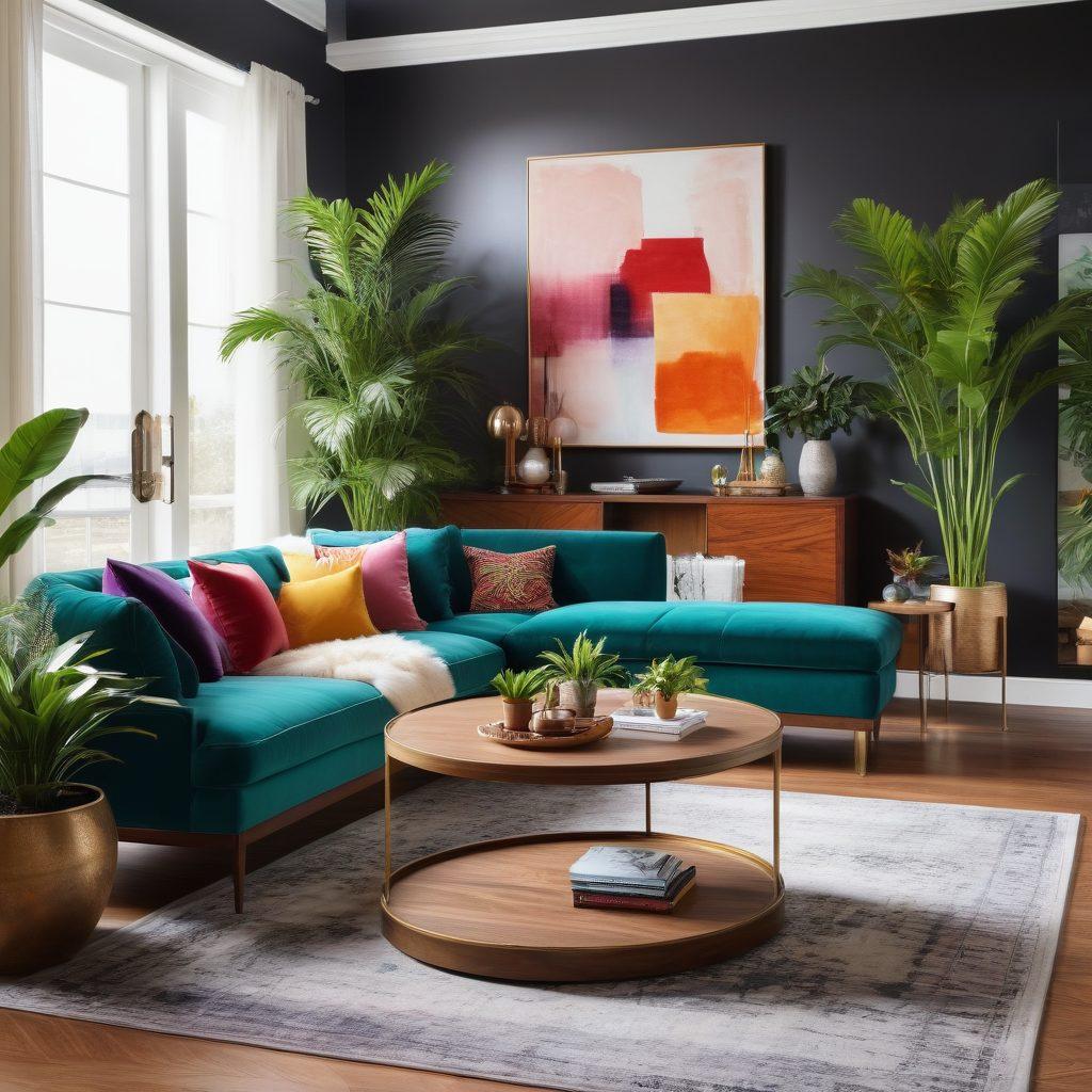 A beautifully styled modern living room featuring sleek furniture, lush indoor plants, and soft ambient lighting that creates a cozy yet sophisticated atmosphere. Add splashes of bold colors through art pieces and decorative cushions, while incorporating textures like velvet and wood for depth. Include a stylish bar cart in the corner to enhance the sanctuary feel. super-realistic. vibrant colors. warm lighting.
