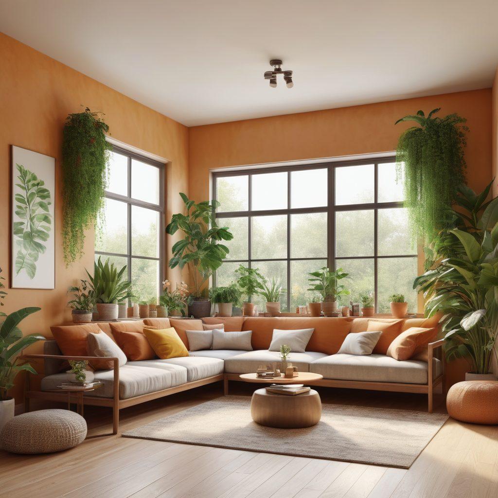 A serene, cozy living room filled with plants, natural light streaming in through large windows, a meditation corner with cushions, a bookshelf filled with wellness books, and calming art on the walls. The atmosphere should evoke tranquility and inspiration for personal growth. warm colors. soft textures. 3D.