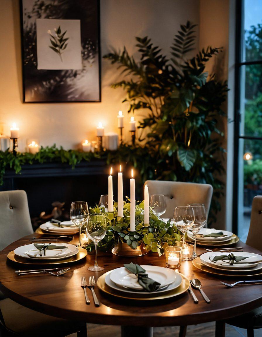 A cozy, modern romantic setting featuring a beautifully arranged candlelit dinner table with elegant tableware, soft ambient lighting, and lush greenery in the background. Include contemporary artwork on the walls and plush seating that evokes intimacy and warmth. The scene should inspire feelings of love and connection. super-realistic. vibrant colors. soft focus.
